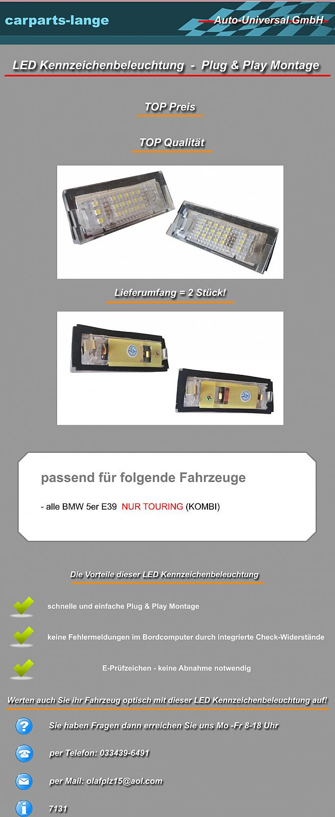 LED Kennzeichenbeleuchtung für BMW E39 Touring Kombi 7131